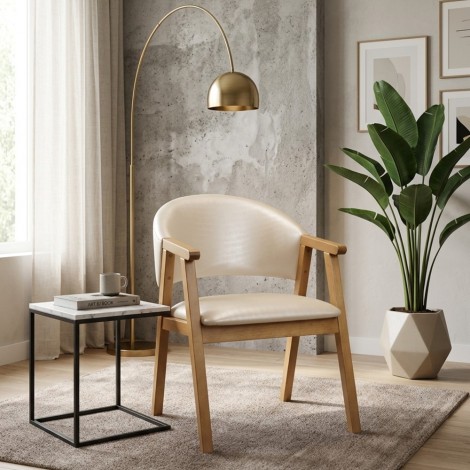 Poltrona com Braço de Madeira Decorativa Encosto Corino Bege Solange