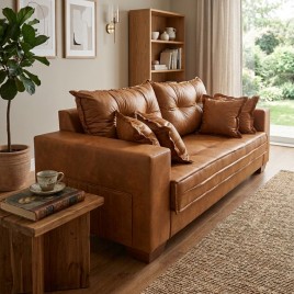 Sof&aacute; 3 Lugares Living 2,00m Cascais 4 Almofadas Iperme&aacute;vel Velucouro Caramelo