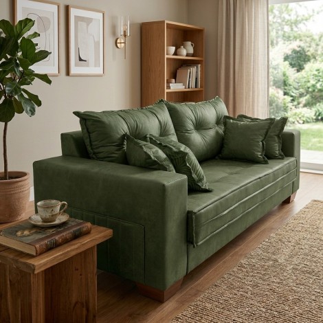 Sofá 3 Lugares Living 2,00m Cascais 4 Almofadas Ipermeável Velucouro Verde