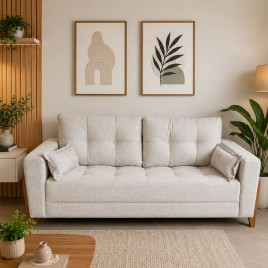 Sof&aacute; 3 Lugares Living 2,00m Bra&ccedil;o Madeira Lanus Linho Prata