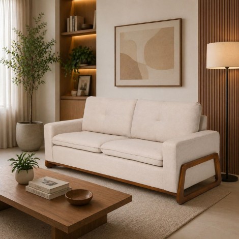 Sofá 3 Lugares Living Rony 930 Lateral Madeira Linho Bege