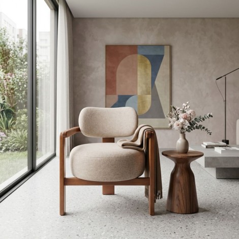 Poltrona Decorativa Kelly Braços Madeira Linho Bege