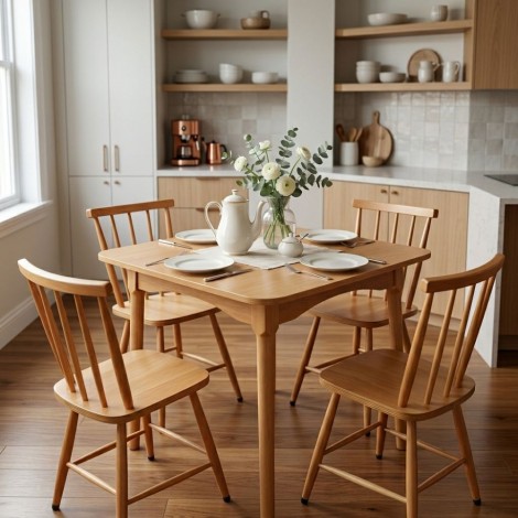 Conjunto de Mesa em Madeira Brisamar Quadrada 0,80m com 4 Cadeiras Mel