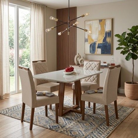 Conjunto de Mesa 1,20x0,80m Vidro Off White com 4 Cadeiras Estofadas Bali