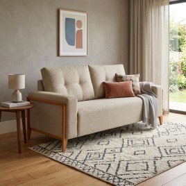 Sof&aacute; Living 3 Lugares D33 2,00m Rony 630 Lateral Madeira Linho Bege