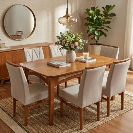 Conjunto de Mesa Tampo de Madeira com Palhinha Natural Milena com 6 Cadeiras Estofadas Morgana Linho Bege Imbuia