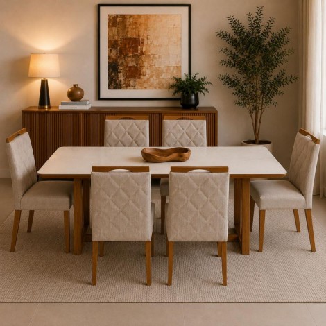 Mesa Londrina 1,80x0,90m vidro Off White com 6 Cadeiras Estofadas Morgana Linho Bege