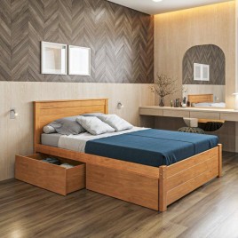 Cama Queen Madeira 1,60m Essenza Peseira Fechada com 4 Gavetas Ba&uacute; Mel