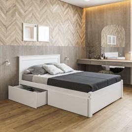Cama Queen Madeira 1,60m Essenza Peseira Fechada com 2 Gavetas Ba&uacute; Laca Branca
