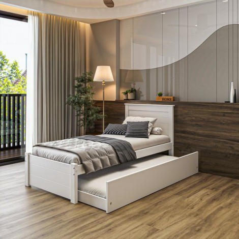 Cama Solteiro de Madeira 0,90m Essenza Peseira Fechada com Cama Auxiliar Laca Branca