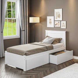 Cama Solteiro de Madeira 0,90m Essenza Peseira Fechada com 2 Gavetas Ba&uacute; Laca Branca