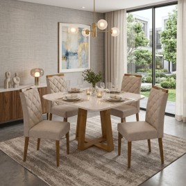 Conjunto De Mesa Em Madeira Quadrada 0,90m Vidro Off White Bali Com 4 Cadeiras Estofadas Morgana Linho Bege Mel