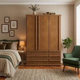 Guarda-Roupa Solteiro Madeira 1,50m 3 Portas de Abrir 6 Gavetas Camiseiro