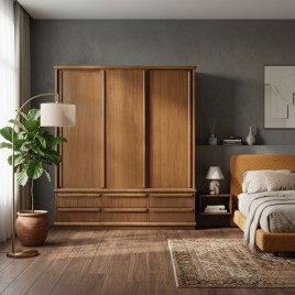 Guarda Roupa Casal Madeira 1,90m Com Espelho 3 Portas de Correr 6 Gavetas Boleado