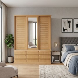 Guarda Roupa Casal Madeira 1,90m Com Espelho 3 Portas de Correr Ripada 9 Gavetas Espanha