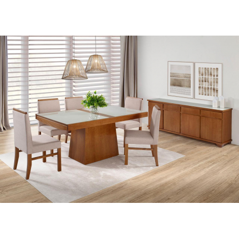 Conjunto de Mesa Berlim Extensível 1,40-2,00m Vidro Preto/Branco com 6 Cadeiras Berlim Tecidos Diversos Imbuia