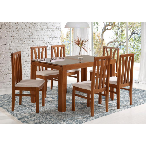 Conjunto de Mesa Londres Extensível 1,40-2,00m Vidro Preto/Branco com 6 Cadeiras Londres Tecidos diversos Imbuia