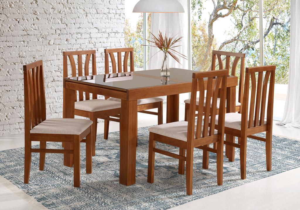Conjunto de Mesa Londres Extensível 2,00m Vidro Fendi com 6 Cadeiras