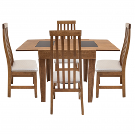 Conjunto de Mesa Mix Extensível 0,75-1,35m Tampo de Madeira com Vidro Preto com 4 Cadeiras Imbuia