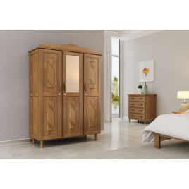 Guarda-Roupa Solteiro Madeira Brasil 1,28m 3 Portas de Abrir Com Chave Com Espelho Com Pés