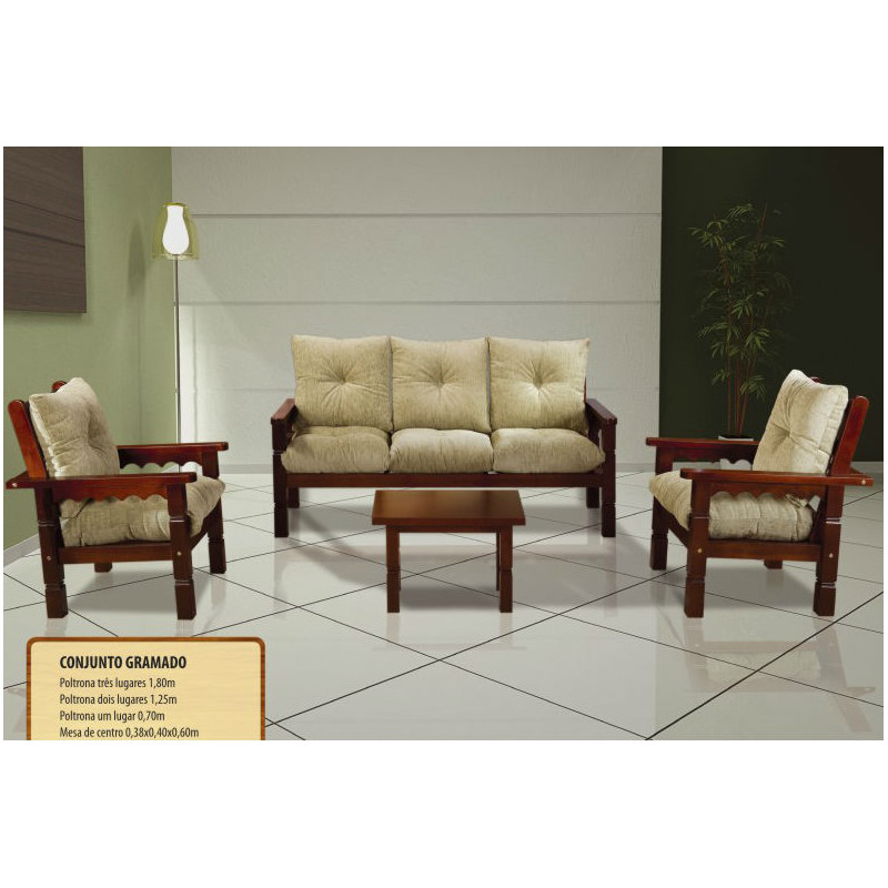 Sofá 3x1x1 Gramado Madeira Almofadas Soltas Imbuia