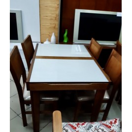 Conjunto de Mesa Madeira Esthelita Extensível 1,10-1,60m Vidro Off White com 4 Cadeiras Milão