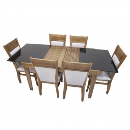 Conjunto de Mesa Esther Extensível 1,40-1,95m Tampo de Vidro Preto com 6 Cadeiras Lia Imbuia