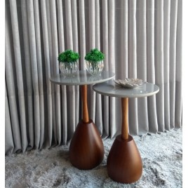 Conjunto de Mesa Lateral Madeira Tampo Laca Branca Base Gota Rubi 2 Peças