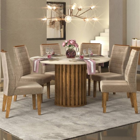 Conjunto de Mesa Redonda Tampo Vidro Off White 1,36m Verônica com 6 Cadeiras Estofadas