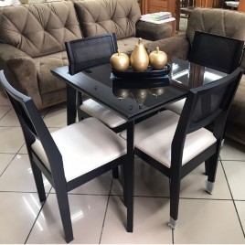 Conjunto de Mesa Quadrada 0,75m Tampo Vidro Preto Esthela com 4 Cadeiras Telinha Laca Preta