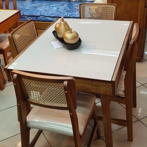 Conjunto de Mesa Extensível 1,00-1,50m Paris Vidro Off White com 4 Cadeiras Palhinha