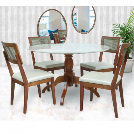 Conjunto de Mesa Redonda 1,20m Madeira Tampo Laca Branca Vidro Branco Sidney com 4 Cadeiras Palhinha