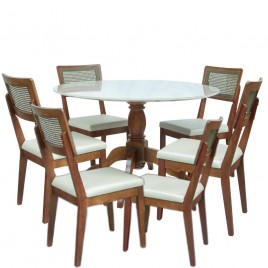 Conjunto de Mesa Redonda 1,30m Madeira Tampo Laca Branca Vidro Branco Sidney com 6 Cadeiras Palhinha